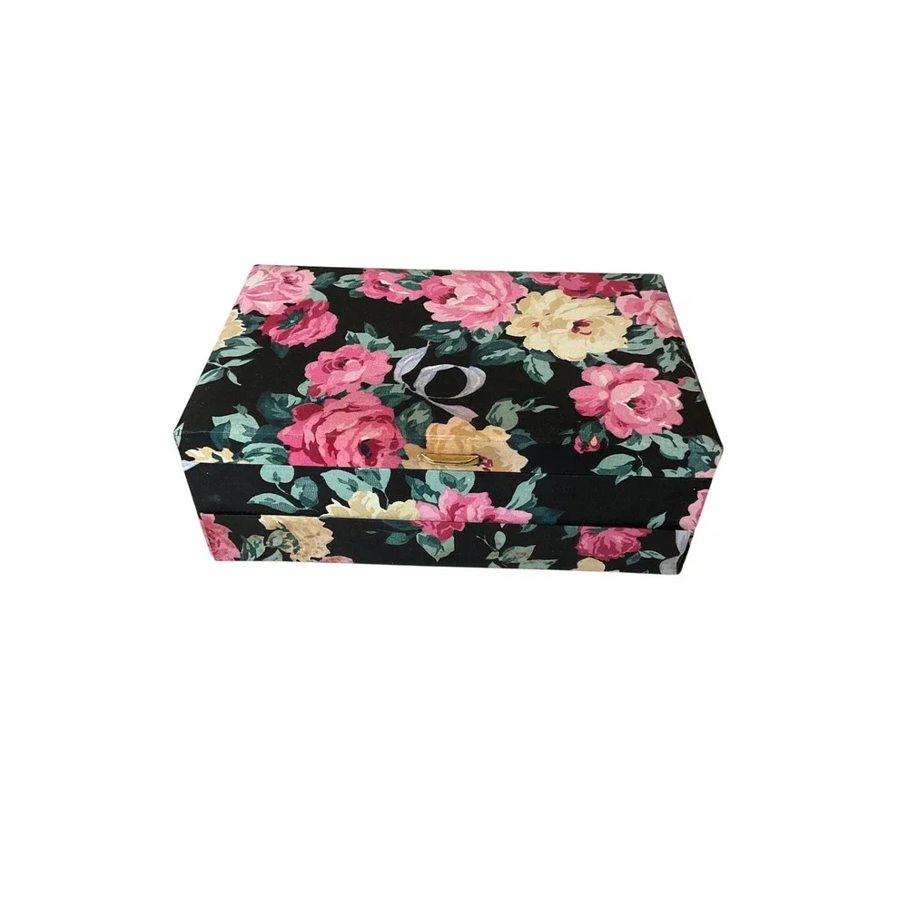 Vintage Fabric Covered Floral Jewelry Box Multi-Tier Pop Up Trays Cottagecore